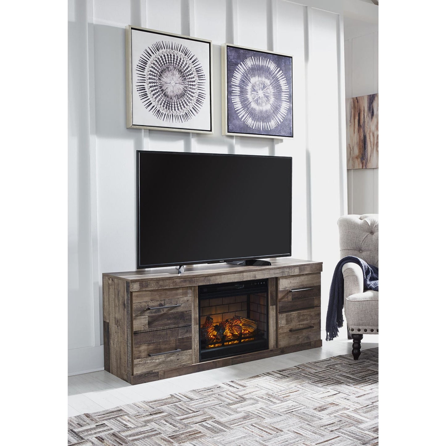 Meuble TV Derekson avec cheminée - Gris multi