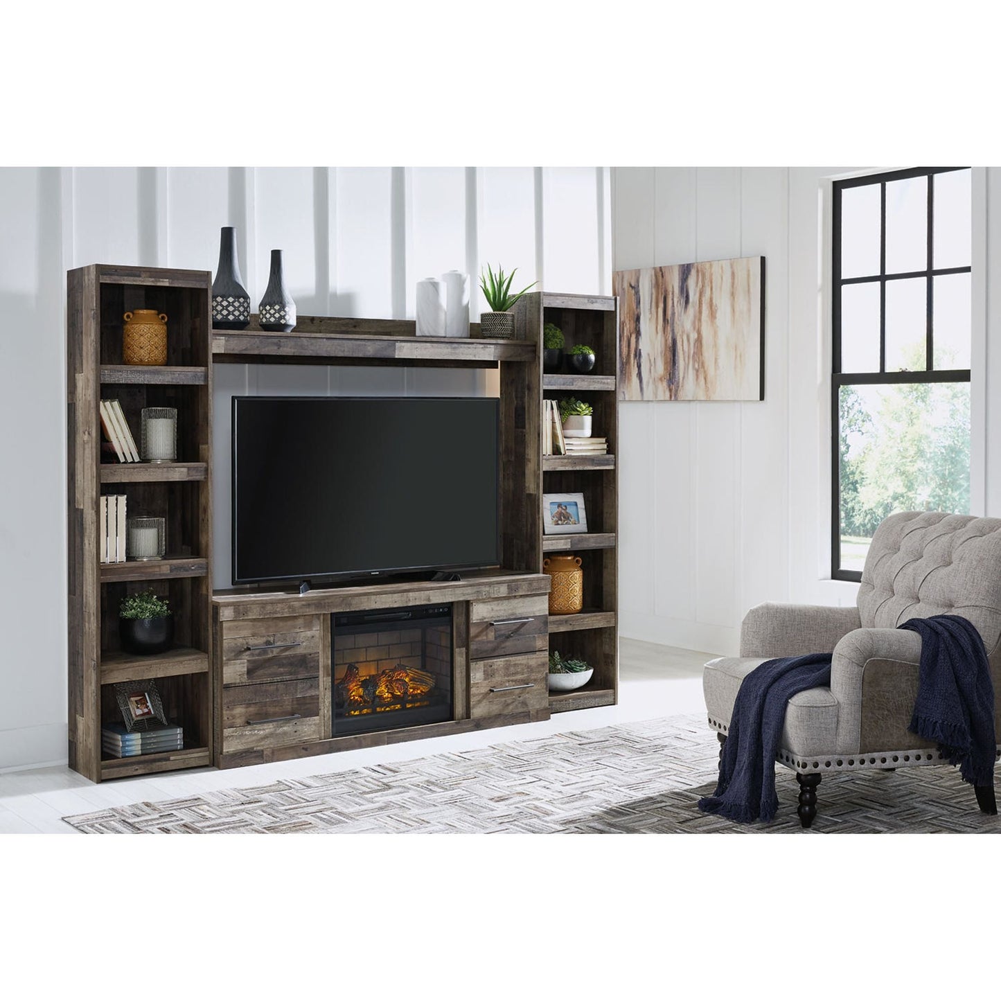 Meuble de divertissement Derekson avec cheminée - Gris multi