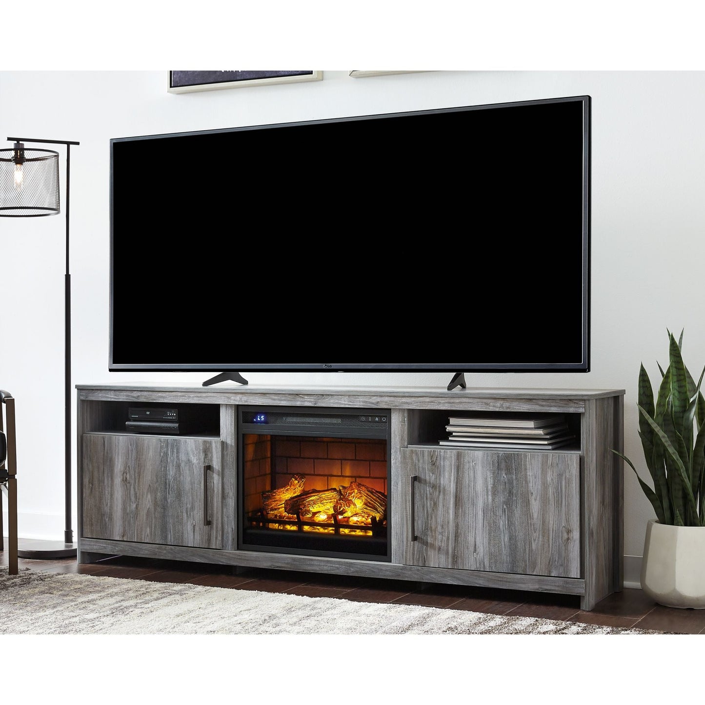 Meuble TV Baystorm avec cheminée - Gris